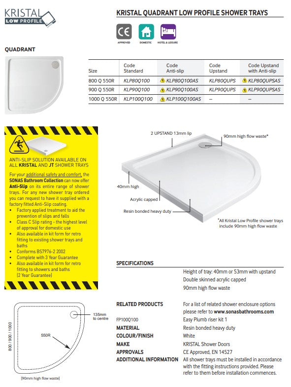 Kristal Low Profile 1000 Quadrant Shower Tray with shower waste Sidney Bourke